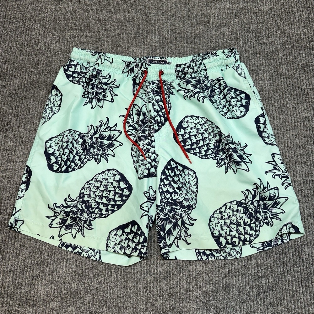 Club Room Men's Blue Pineapple Swim Trunks Size L Drawstring Pockets Lined